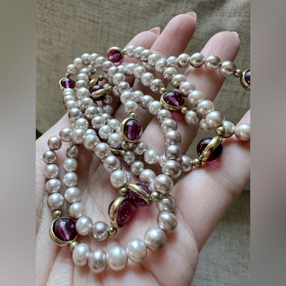 Silver pearls w purple cateye beads opera length necklace beautiful vintage - Picture 7 of 7
